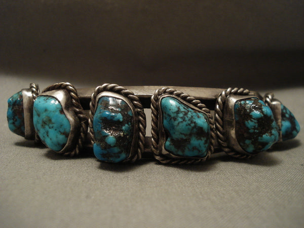 Very Heavy Thicker Vintage Navajo 'Protruding Persin Turquoise' Silver Bracelet