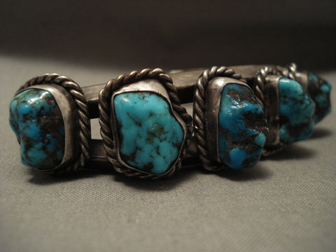 Very Heavy Thicker Vintage Navajo 'Protruding Persin Turquoise' Silver Bracelet