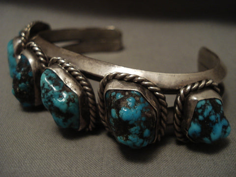 Very Heavy Thicker Vintage Navajo 'Protruding Persin Turquoise' Silver Bracelet