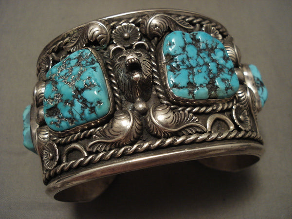 So Big Vintage Navajo 'Screaming Bear' Turquoise Silver Bracelet