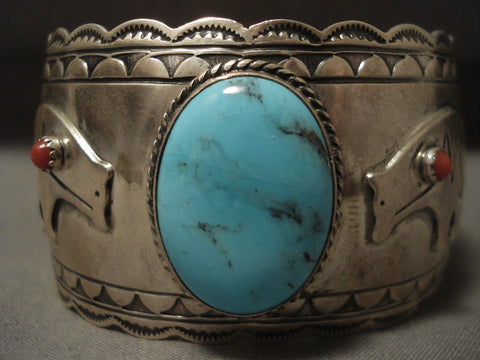 Big Old Vintage Navajo Turquoise Silver 'Bear' Bracelet