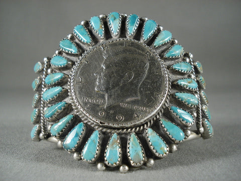 Huge Vintage Navajo Silver Coin Turquoise Bracelet