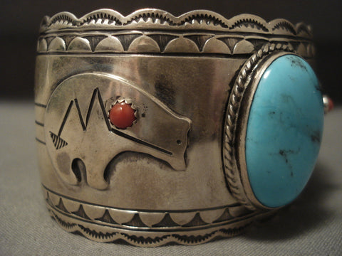 Big Old Vintage Navajo Turquoise Silver 'Bear' Bracelet