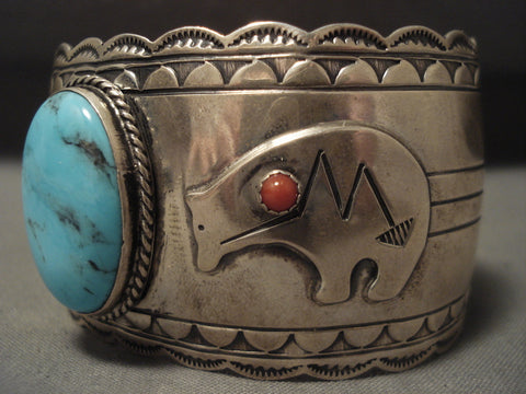 Big Old Vintage Navajo Turquoise Silver 'Bear' Bracelet