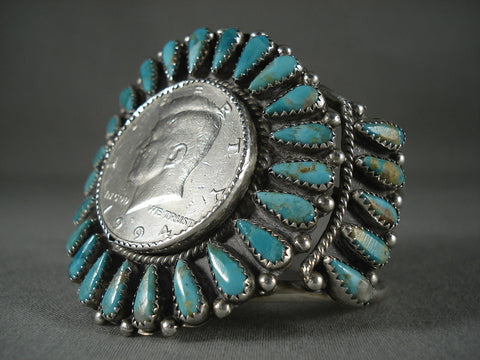 Huge Vintage Navajo Silver Coin Turquoise Bracelet