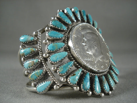 Huge Vintage Navajo Silver Coin Turquoise Bracelet
