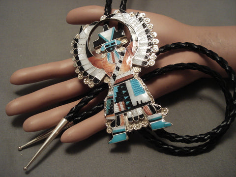 One Of The Finest Huge Zuni 'Intricate Inlay' Silver Eagle Bolo Tie