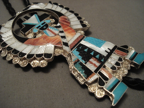 One Of The Finest Huge Zuni 'Intricate Inlay' Silver Eagle Bolo Tie