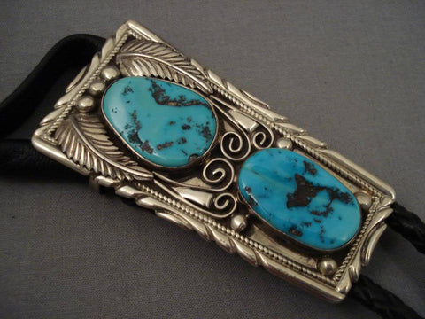 Finer Vintage Navajo Will Singer Turquoise Tube Silver Bolo Tie