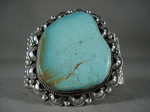 Big Big Big Vintage Navajo Turquoise Silver 'Leaf Sun' Bracelet