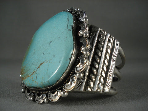 Big Big Big Vintage Navajo Turquoise Silver 'Leaf Sun' Bracelet