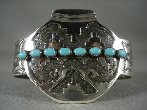 Advanced Silver Work Modernistic Navajo 'Silver Pot' Turquoise Bracelet