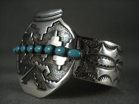 Advanced Silver Work Modernistic Navajo 'Silver Pot' Turquoise Bracelet