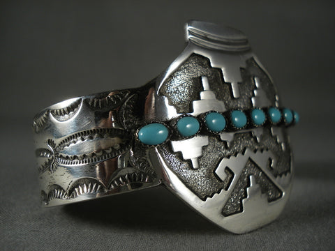 Advanced Silver Work Modernistic Navajo 'Silver Pot' Turquoise Bracelet