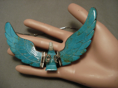 Huge Old Navajo operable Wings Turquoise Silver Necklace