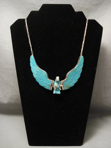 Huge Old Navajo operable Wings Turquoise Silver Necklace