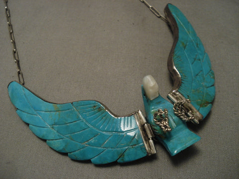 Huge Old Navajo operable Wings Turquoise Silver Necklace