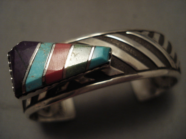 Rare Vintage Navajo 'Triple Technique' Navajo Turquoise Silver Bracelet