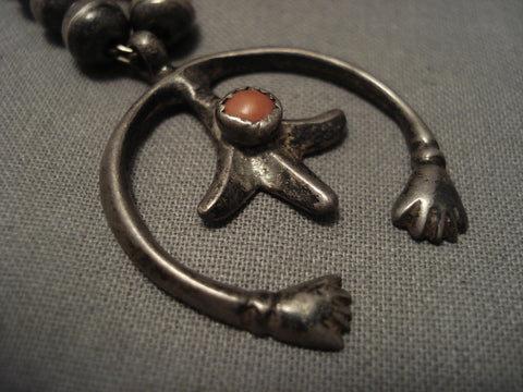 Early 1900's Navajo Hand Forged Silver Bead Coral Necklace