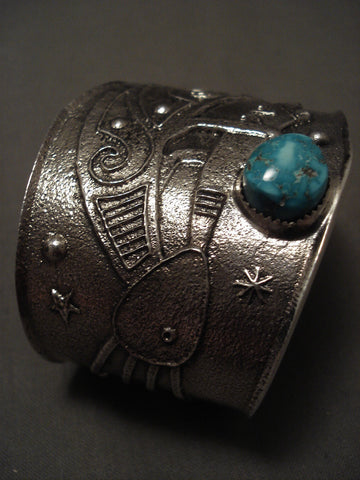 Very Rare Navajo Tufa Casted Blue Carico Lake Turquoise Kokopelli Bracelet