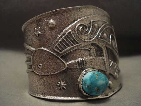 Very Rare Navajo Tufa Casted Blue Carico Lake Turquoise Kokopelli Bracelet