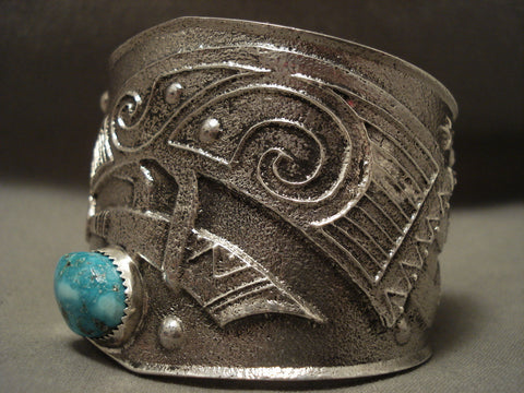 Very Rare Navajo Tufa Casted Blue Carico Lake Turquoise Kokopelli Bracelet