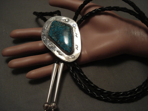 One Of The Largest Basalt Turquoise Vintage Navajo Silver Bolo Tie