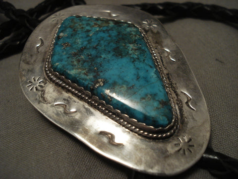 One Of The Largest Basalt Turquoise Vintage Navajo Silver Bolo Tie