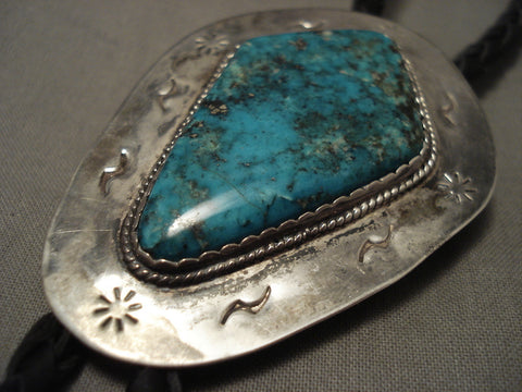 One Of The Largest Basalt Turquoise Vintage Navajo Silver Bolo Tie