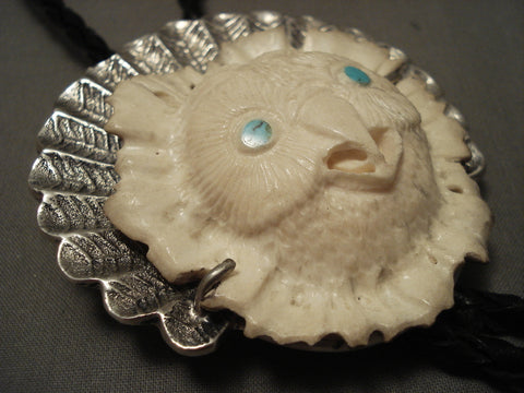 Huge Vintage Navajo 'Hand Carved Owl' Turquoise Silver Bolo Tie