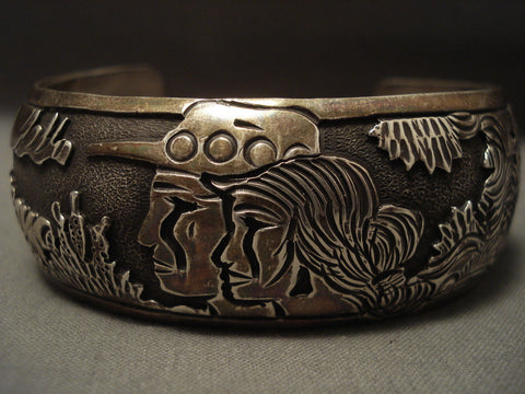 Vivid Detailed Vintage Navajo 'Native Gaze' Silver Bracelet