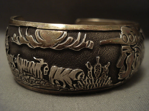 Vivid Detailed Vintage Navajo 'Native Gaze' Silver Bracelet