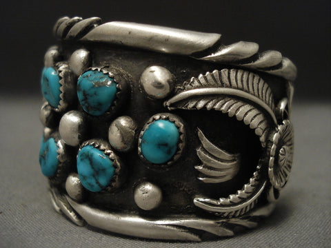 Huge And Wide Old Navajo Turquoise Silver Bracelet