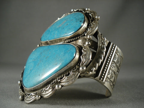 Huge Navajo 'Duel Pool Turquoise' Silver Bracelet