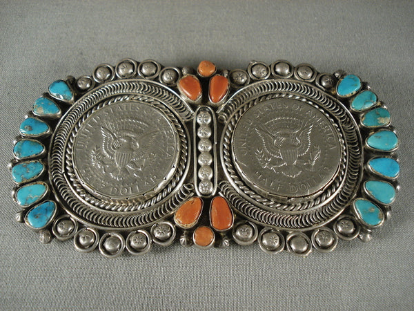 Absolutely Huge Vintage Navajo Turquoise Coral Silver Pin