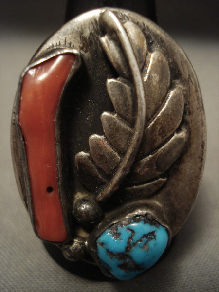 Big Big 41 Grams Super Heavy Men's Vintage Navajo Turquoise Coral Silver Ring