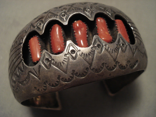 Rare Vintage Navajo Coral Heavy Patina Silver Bracelet