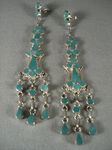 Cute Huge Zuni Green Turquoise Silver Earrings