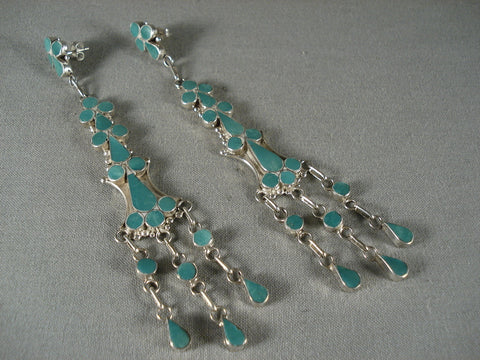 Cute Huge Zuni Green Turquoise Silver Earrings