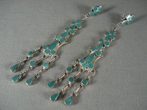 Cute Huge Zuni Green Turquoise Silver Earrings