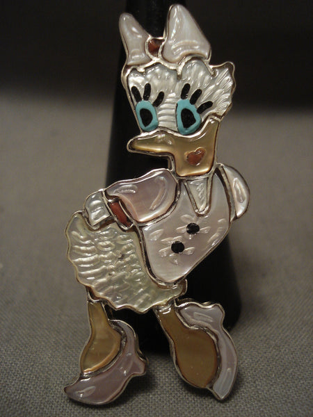 Incredibly Detailed Zuni Lady Duck Natural Turquoise Coral Silver Pin