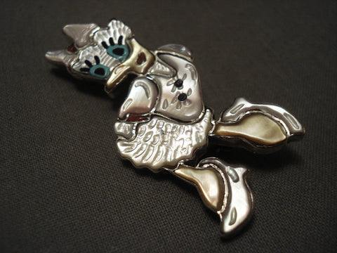 Incredibly Detailed Zuni Lady Duck Natural Turquoise Coral Silver Pin