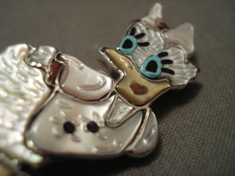 Incredibly Detailed Zuni Lady Duck Natural Turquoise Coral Silver Pin