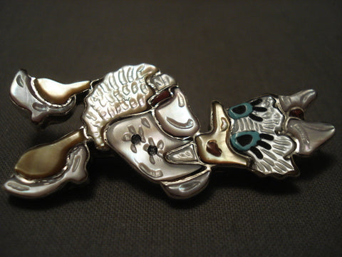 Incredibly Detailed Zuni Lady Duck Natural Turquoise Coral Silver Pin