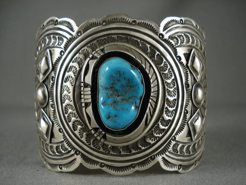 Museum Wide Vintage Navajo Old Blue Turquoise Silver Bracelet
