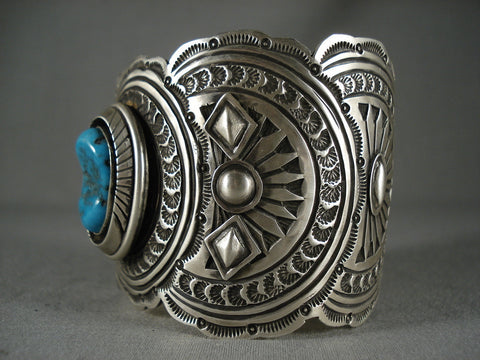 Museum Wide Vintage Navajo Old Blue Turquoise Silver Bracelet