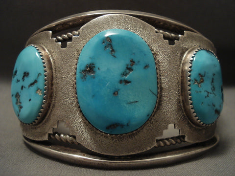 Colossal Vintage Navajo Natural Blue Turquoise Pueblo Silver Bracelet