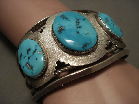 Colossal Vintage Navajo Natural Blue Turquoise Pueblo Silver Bracelet