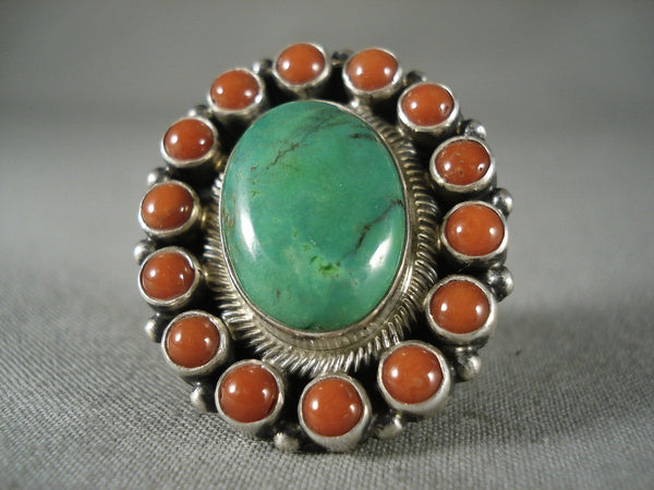 Museum Vintage Navajo Green Turquoise Coral Silver Ring