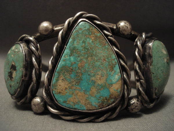 Early 1900's Vintage Navajo 'Natural Royton Turquoise' Twist Silver Bracelet